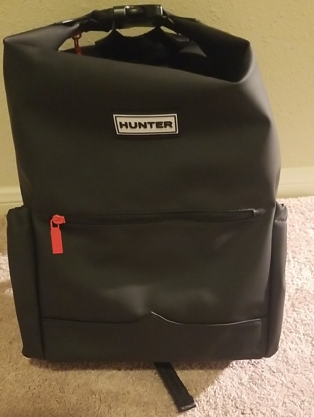 Hunter Black Roll-Top Backpack with Red Zip Pull